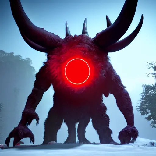 Image similar to cinematography picture of the big monster with horns and big red eye, cyclope, fluffy skin, red soft lights, 8k, unreal engine 5, cel-shading, photography, highly detailed