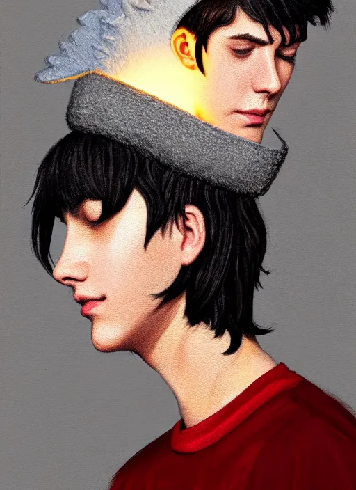 Image similar to portrait of teenage jughead jones wearing a light grey crown, photorealistic, crown, eyes closed, crown, black hair, sweater with letter s on it, letter s, intricate, elegant, glowing lights, highly detailed, digital painting, artstation, concept art, smooth, sharp focus, illustration, art by wlop, mars ravelo and greg rutkowski