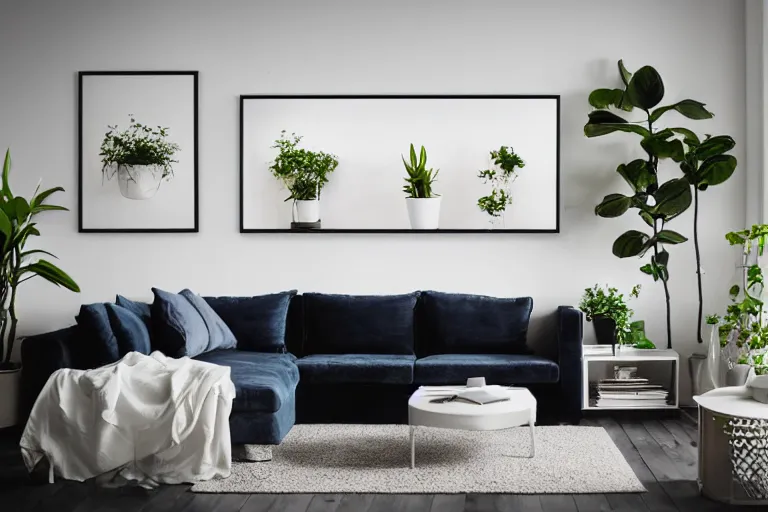 Image similar to highly detailed wide angle photograph, ikea style, light bloom, atmospheric, cinematic, contemporary modern design living room, cozy, calm, plants, big canvas art, hardwood floor, white walls, fabric and textiles