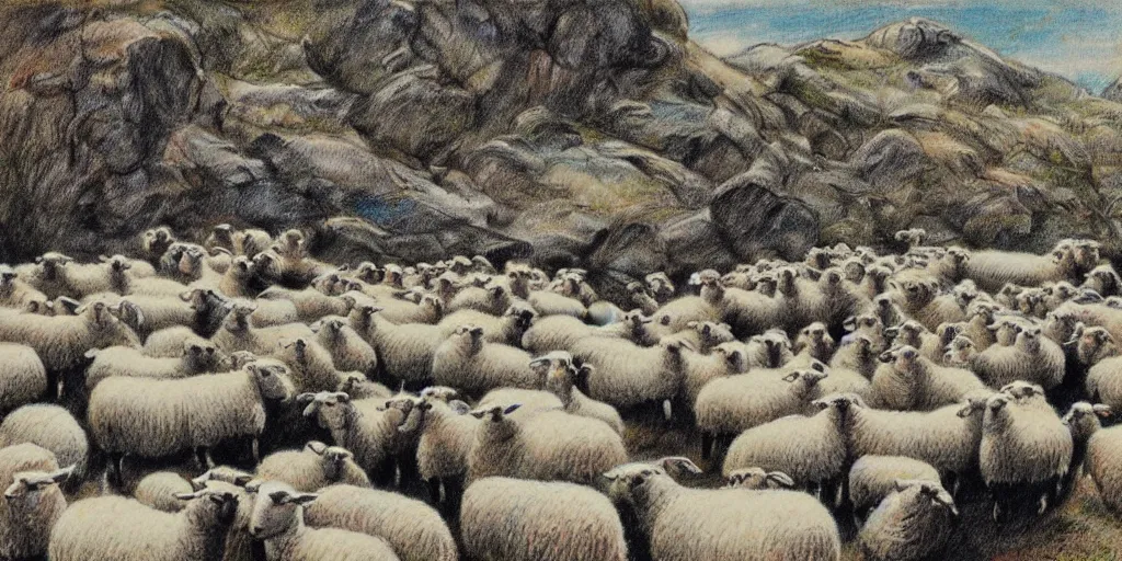 Prompt: hundreds of white sheep running in the direction of a cliff and we can see them falling down the rocks below, there is one black sheep going against the crowd, 1 9 0 0 colored sketching, lateral medium shot