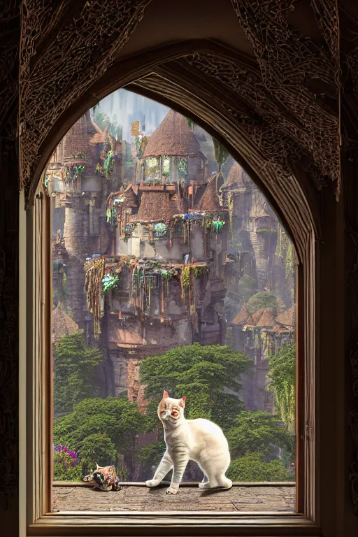 Prompt: humanoid cat looking out a castle window at his kingdom while a court jester waves at him, intricate detailed environment, photorealistic!, octane render, mechanical, concept art, cinematic lighting, digital art, interstellar, hyper realism, sharp, cyberpunk, 8 k, de dia los muertos. by angus mckie, moebius, maciej kuciara