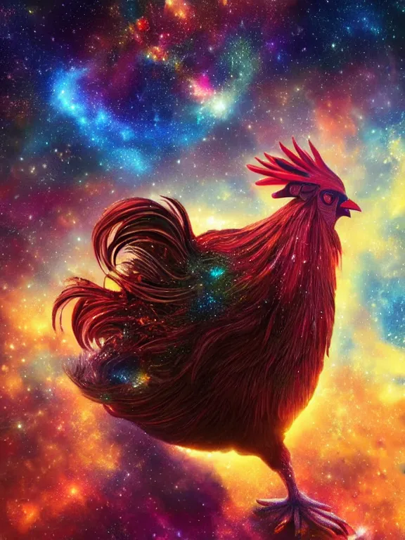 Image similar to a lone giant rooster, centered, floating in space, center of the universe, \ galaxy cosmic nebula, epic, volumetric light, hyperrealistic, glitter, mega detailed, beautiful composition, beautiful lighting, unreal render, 4 k, vincent di fate, john berkey, michael whelan