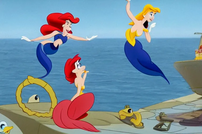 Image similar to still from the disney cartoon, little mermaid enlists in the navy, animated military, helicopters