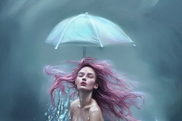 Image similar to girl flying freely in pastel rain with wet hair and face, splash, fantasy, captivating dynamic facial expression, intricate, elegant, dramatic lighting, emotionally evoking symbolic metaphor, highly detailed, lifelike, photorealistic, digital painting, artstation, concept art, smooth, sharp focus, illustration, art by John Collier and Albert Aublet and Krenz Cushart and Artem Demura and Alphonse Mucha