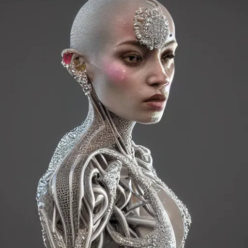 Prompt: full body detailed, ethereal, biomechanical, covered in diamonds and other gems glowing, highly detailed face, elegant posed, intricate, extremy detailed, beeple, cgsociety, 3 d unreal engine octane render. cinematic lighting, highly detailed 4 k art