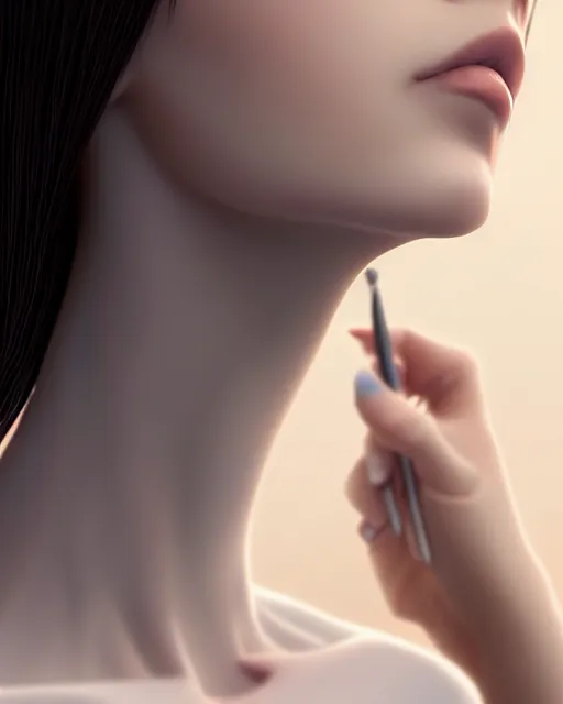 Image similar to full close up zoomed in neck shot of a beautiful skinny surgeon woman in work dress, soft delicate smooth neck, by saruei and guweiz and ilya kuvshinov, digital art, highly detailed, intricate, sharp focus, trending on artstation hq, deviantart, pinterest, unreal engine 5, 4 k uhd image