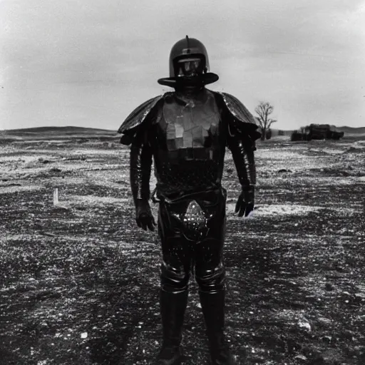 Image similar to photograph of a man clad in shining black metallic armor holding a piece of back wool, standing in front of a nuclear wasteland at night