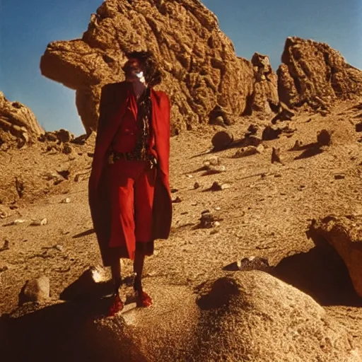 Image similar to mick jagger dressed in golden costume with jewels in a dry rocky desert landscape, visible sky and sunny atmosphere, fata morgana by alejandro jodorowsky, anamorphic lens, kodakchrome, 8 k -