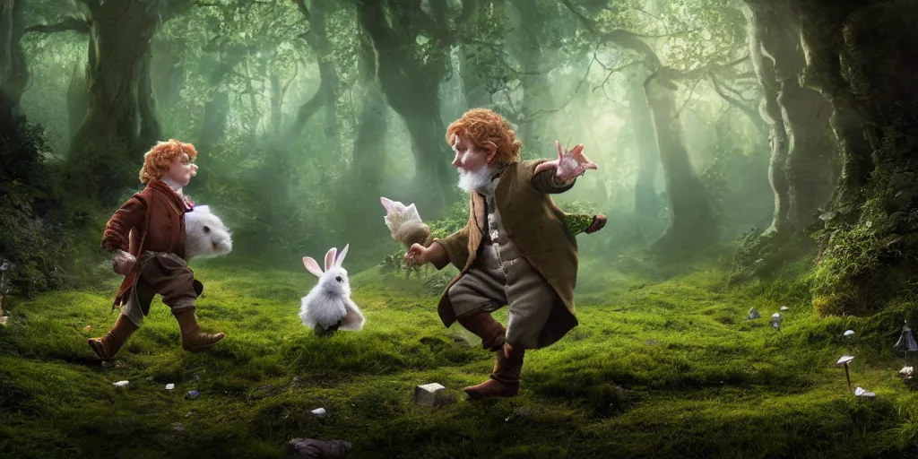 Prompt: bilbo baggins running into the white rabbit in a clearing in the middle of an enchanted forest, steampunk illustration, photorealistic color drawing, toadstools and fairies, gnomes and giants in the distance, 8 k resolution, octane render, dramatic lighting, cinematic angle,