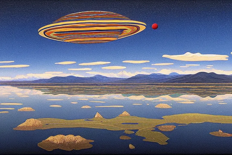 Prompt: a giant ((((metallic)))) floating sphere covered in canadian colorful aboriginal patterns!! hovering above a Yukon lake, (painted by Ralph McQuarrie), matte painting, very detailed, 1500K, concept art