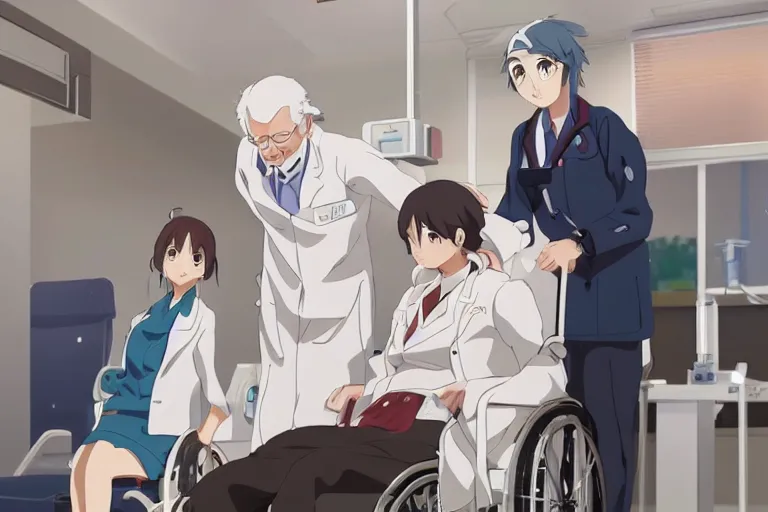 Prompt: a cute young female doctor wearing white coat are serving an old man in a wheelchair in a hospital, slice of life anime, lighting, anime scenery by Makoto shinkai