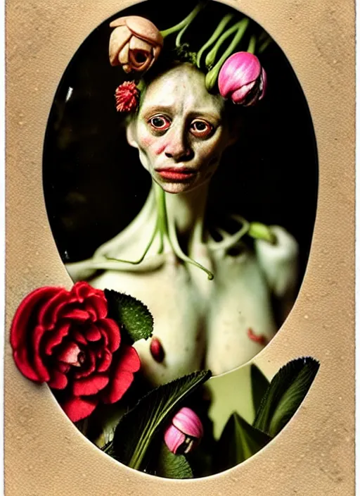 Image similar to beautiful and detailed rotten woman made of plants and many types of stylized flowers like carnation, chrysanthemum, roses and tulips, intricate, surreal, vladimir volegov, john constable, guy denning, gustave courbet, caravaggio, romero ressendi, 1 9 1 0 polaroid photo