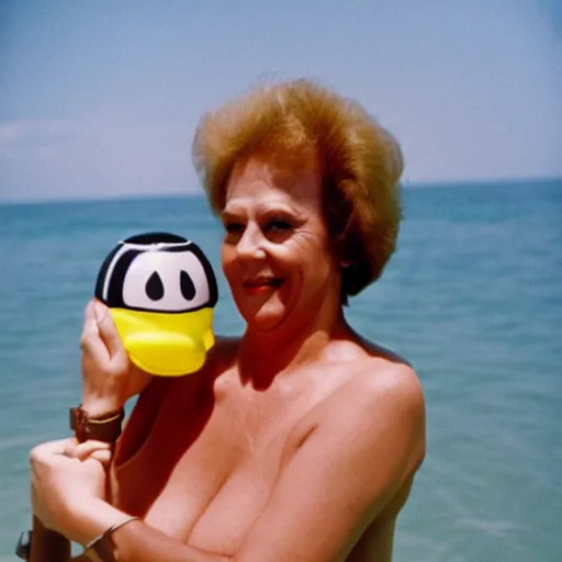 Image similar to 1981 woman on tv show wearing a happy squishy inflatable prosthetic mask, soft color wearing a swimsuit at the beach 1981 color film 16mm holding a an inflatable fish Fellini John Waters Russ Meyer Doris Wishman old photo