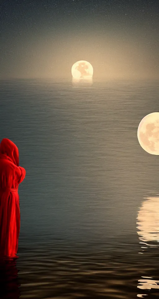 Prompt: beautiful digital painting of a robed figure standing at the side of a dark lake, looking at the reflection of the moon in the water realistic, colorful, highly detailed, unreal engine