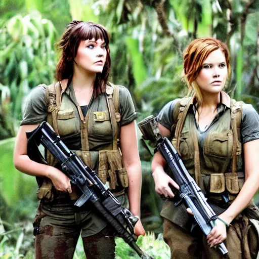 Prompt: elisha cuthbert and mary elizabeth winstead as a commandos in a jungle battlefield