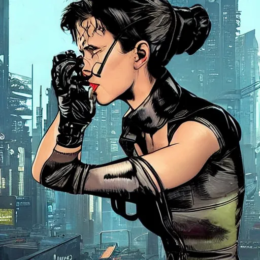 Image similar to selina. cyberpunk mercenary smoking a cigar. Style of James Gurney and Mœbius. (Cyberpunk 2077. Blade Runner. Apex Legends. The matrix)