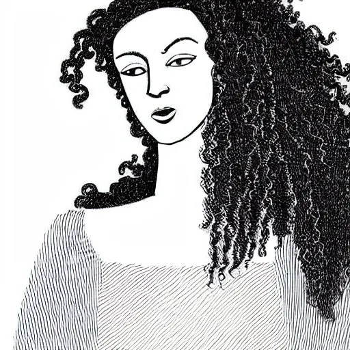 Image similar to a black and white line drawing of the silhouette of a woman with long curly hair using a dress