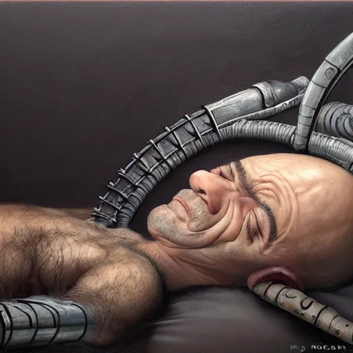 Image similar to joe rogan sleeping by H. R. Giger trending on artstation, detailed art, oil painting, high fantasy, horror, science fiction