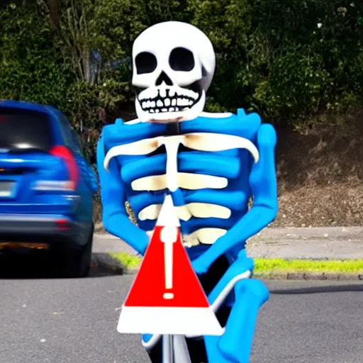 Image similar to a skeleton wearing a blue spendex suit with traffic - cones for hands