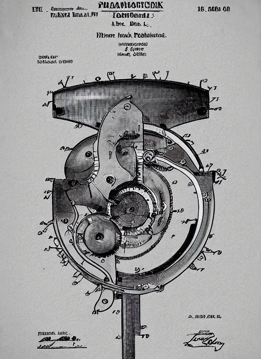 Image similar to “A detailed clockwork mechanism attached to human forehead. Patent application drawing, close-up, Fig.1, Header text”