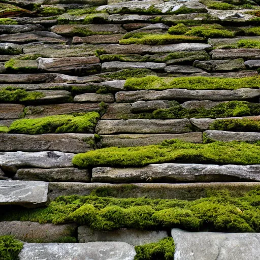 Prompt: many horizontal slabs of stone. moss grows between the layers