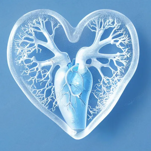 Prompt: a medical illustration of a human heart, beautiful shaped glass sculpture made of icy snowy frosted glass with light blue white tint. studio lighting, high resolution, high quality, very detailed, medical depiction, scientific