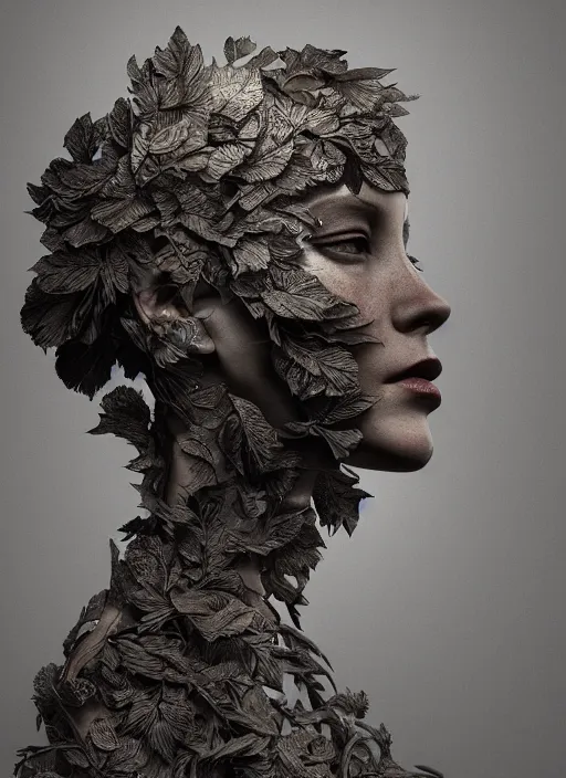 Image similar to a woman's face in profile, made of leaf skeletons, in the style of the Dutch masters and Gregory Crewdson, dark and moody intricate traditional Chinese textures, rococo decorations, hyper detail, Unreal engine,Octane render, by Karol Bak