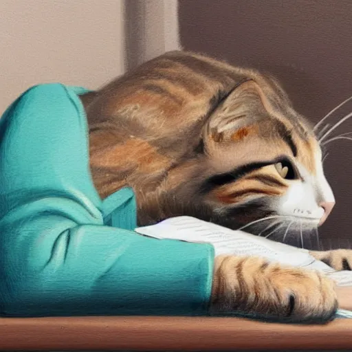 Prompt: a realistic cat falling asleep from studying for an exam. hyperrealism 8 k 3 5 mm