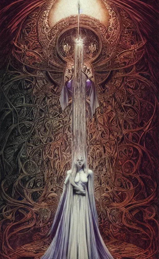 Image similar to a tarot card of a goddess in white robe, cinematic lighting, highly detailed, symmetric, concept art, masterpiece, fantasy art, hyperdetailed, hyperrealism, saturated colors, art by zdzistaw beksinski, arthur rackham, dariusz zawadzki, larry elmore