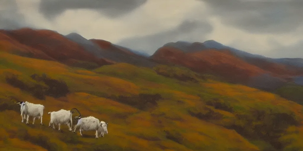 Prompt: painting of rocky highlands with goats grazing in the distance, overcast skies, muted colors