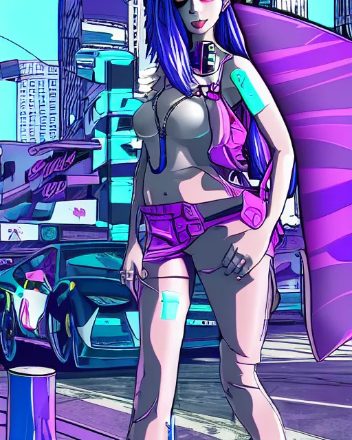 Image similar to cel shaded art of a pretty blue haired girl standing next to a purple lamborghinil, jet grind radio graphics, cyberpunk city street background