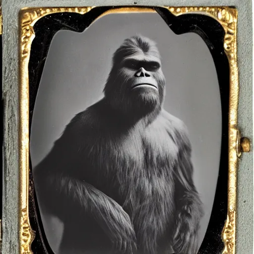 Image similar to a tintype family photo of bigfoot