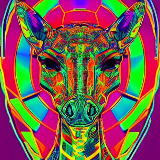 Prompt: a psychedelic neon technicolor portrait illustration of a cyberpunk giraffe in geometric kaleidoscopic colors trending on artstation 4 k intricate extremely detailed digital art