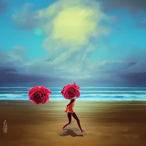 Image similar to portrait, giant rose flower head, woman running at the beach, surreal photography, sunrise, blue sky, dramatic light, impressionist painting, digital painting, artstation, simon stalenhag