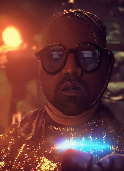 Image similar to Kanye West as willy wonka in fallout new vegas, splash art, movie still, cinematic lighting, dramatic, octane render, long lens, shallow depth of field, bokeh, anamorphic lens flare, 8k, hyper detailed, 35mm film grain