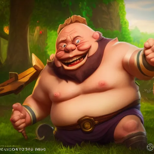 Image similar to gragas from league of legend smiling, fantasy, EOS R5, f/1.8 , HDR, natural lighting , award winning photograph, 8k, Mucha style,