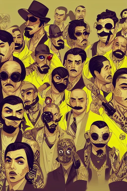 Image similar to gang saints wear yellow bandanas, and some of them have thick mustaches, concept art, pop art style, dynamic comparison, proportional, bioshock art style, gta chinatowon art style, hyper realistic, face and body features, without duplication noise, complicated, sharp focus, intricate, concept art, art by argerm dan richard hamilton