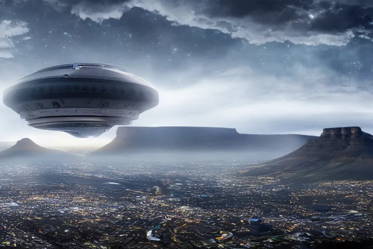 Image similar to a huge spaceship emerging from the clouds over Table Mountain in South Africa, cinematic, dramatic lighting, 4k, ultra detailed, trending on artstation