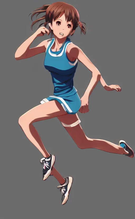 Image similar to girl running in her sport clothes, anime style, occlusion shadow, specular reflection, rim light, unreal engine, range murata, artstation, pinterest, art by hiroaki samura and ilya kuvshinov and rossdraws, intricate, highly detailed 8 k, art deco illustration, extremely beautiful shape of face, neck, shoulders eyes