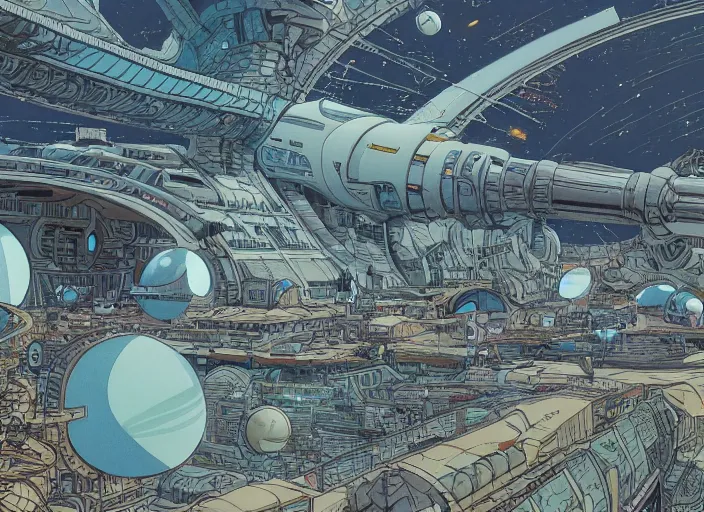 Image similar to close up view of a bustling space port on an alien planet by jeff darrow and moebius, earth and pastel colors, dramatic perspective, highly detailed, ultra realistic, masterpiece, 4 k, 8 k