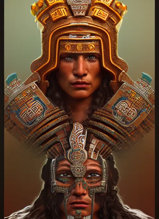 Prompt: ancient aztec warrior god king highly detailed portrait concept art, aztec folklore symbols, doom, artgerm, alphonse mucha, maxim sukharev, alexey egorov, kilian eng, majestic, masterpiece, psychedelic, vibrant, trending on cgsociety, octane render, 8 k