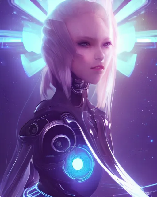 Image similar to perfect android girl on a mothership, warframe armor, beautiful face, scifi, futuristic, galaxy, nebula, raytracing, dreamy, long white hair, blue cyborg eyes, sharp focus, cinematic lighting, highly detailed, artstation, divine, by gauthier leblanc, kazuya takahashi, huifeng huang