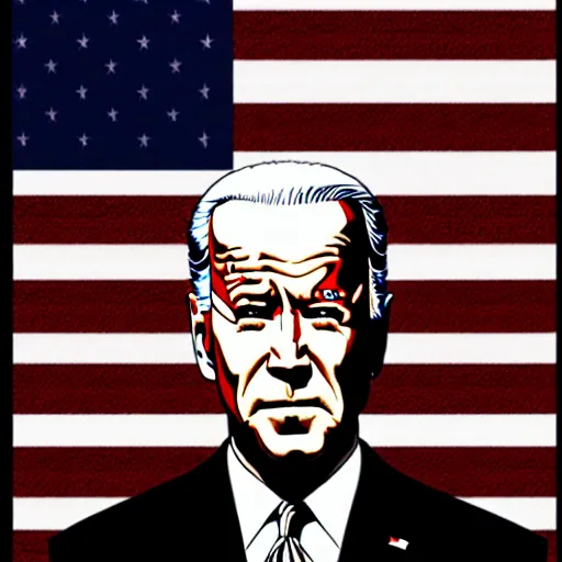 Prompt: Joe Biden looking sinister, american flag, by Tsutomu Nihei, highly detailed