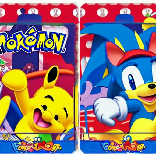 Image similar to photograph of winnie the pooh and super mario and sonic the hedgehog anime style, on pokemon card packs at target