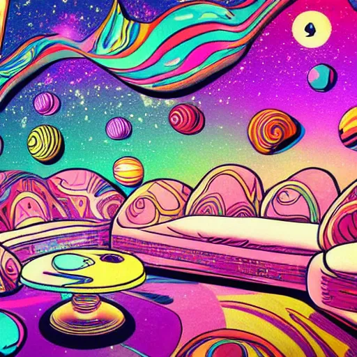 Image similar to psychedelic trippy couch in space, planets, milky way, sofa, corn, bees, trees, clock cartoon
