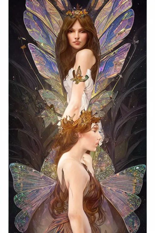 Prompt: portrait of faerie queen with butterfly wings, elegant, regal, intricate, fireflies in background, highly detailed, digital painting, artstation, concept art, sharp focus, painterly ink illustration, art by artgerm and greg rutkowski and alphonse mucha