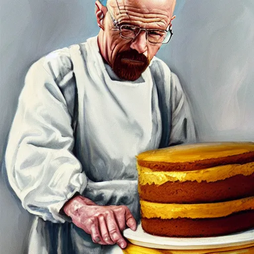 Prompt: Walter white baking cake in a wedding dress oil on canvas