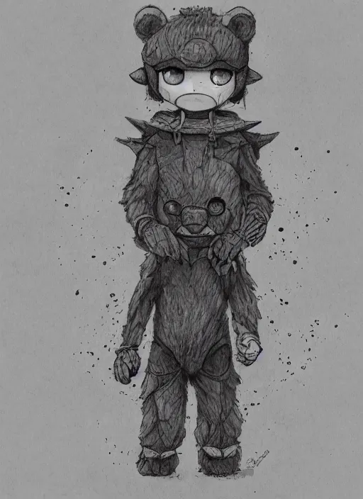 Image similar to beautiful little boy wearing an cyborg bear suit, artwork in kentaro miura and made in abyss and rosdraws, smooth, beautiful lightness, anatomically correct, trending on pixiv, forest