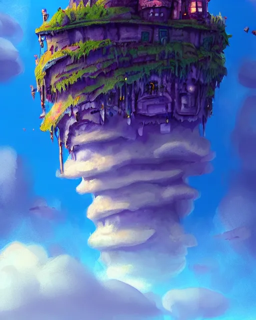 Image similar to flying cloud castle, mushroom buildings, illustration, bright, blue sky, mountains, colorful, cinematic lighting, fantasy, high detail, masterpiece, artstation, 4 k, art by wylie beckert