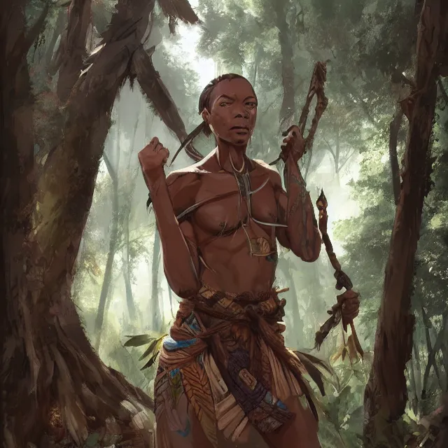 a tribal warrior in the forest, african. By Makoto